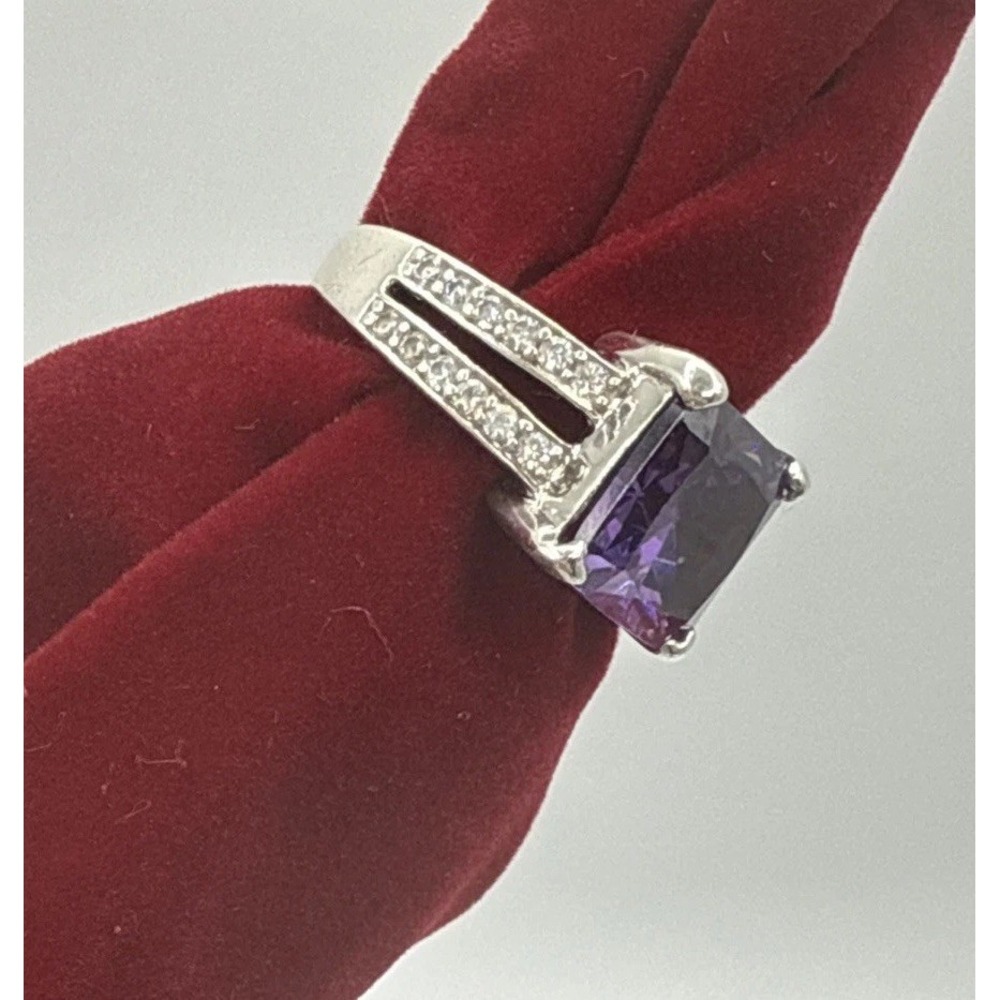 Estate 925 Sterling Silver Amethyst Ring Sz 8 Split Shank Setting Diamond Accent - Picture 3 of 11